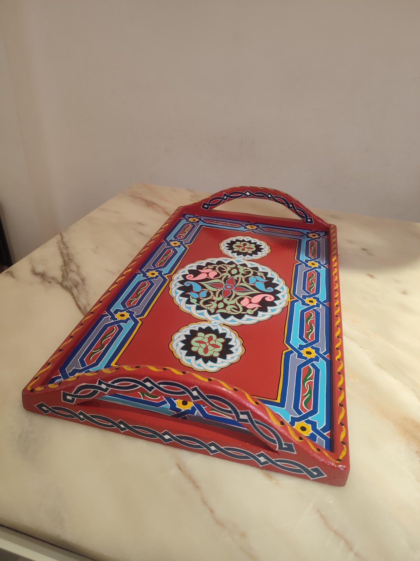 Hand-Painted Moroccan Wooden Serving Tray – Artisan Decorative Tea & Coffee Tray