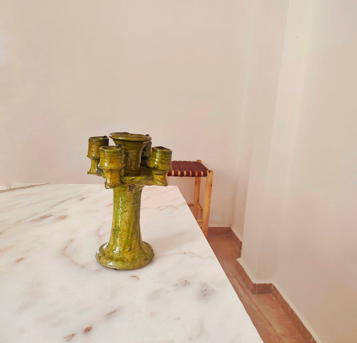 Handmade Tamegroute Ceramic Candelabra – Green & Gold Moroccan Boho Decor