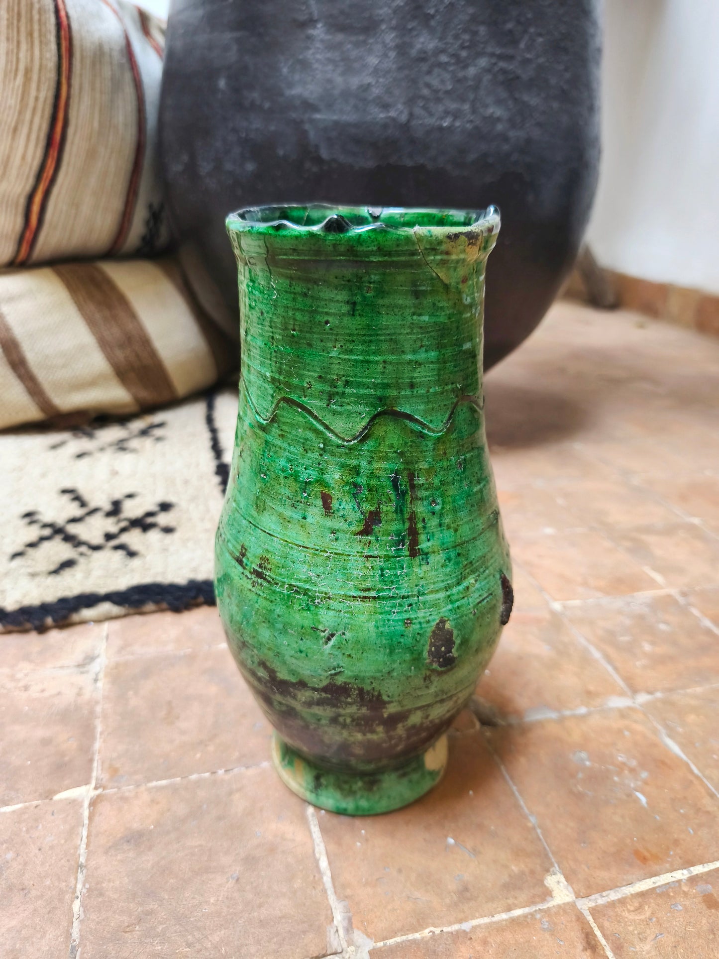 Handcrafted Moroccan Tamegroute Green Pottery Vase – Authentic Rustic Decor from Morocco