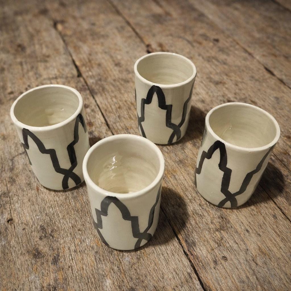 Handmade Moroccan Ceramic Cups Set of 4 – Black & White Pottery Tumblers from Fez