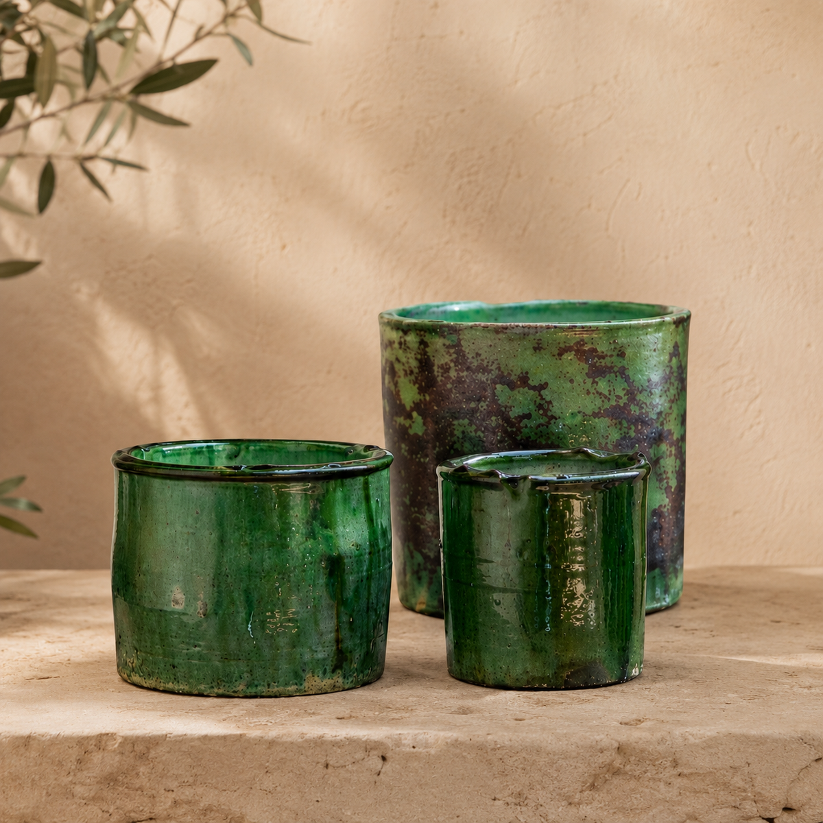 Set of 3 Tamegroute Ceramic Candle Vessels – Green Glaze