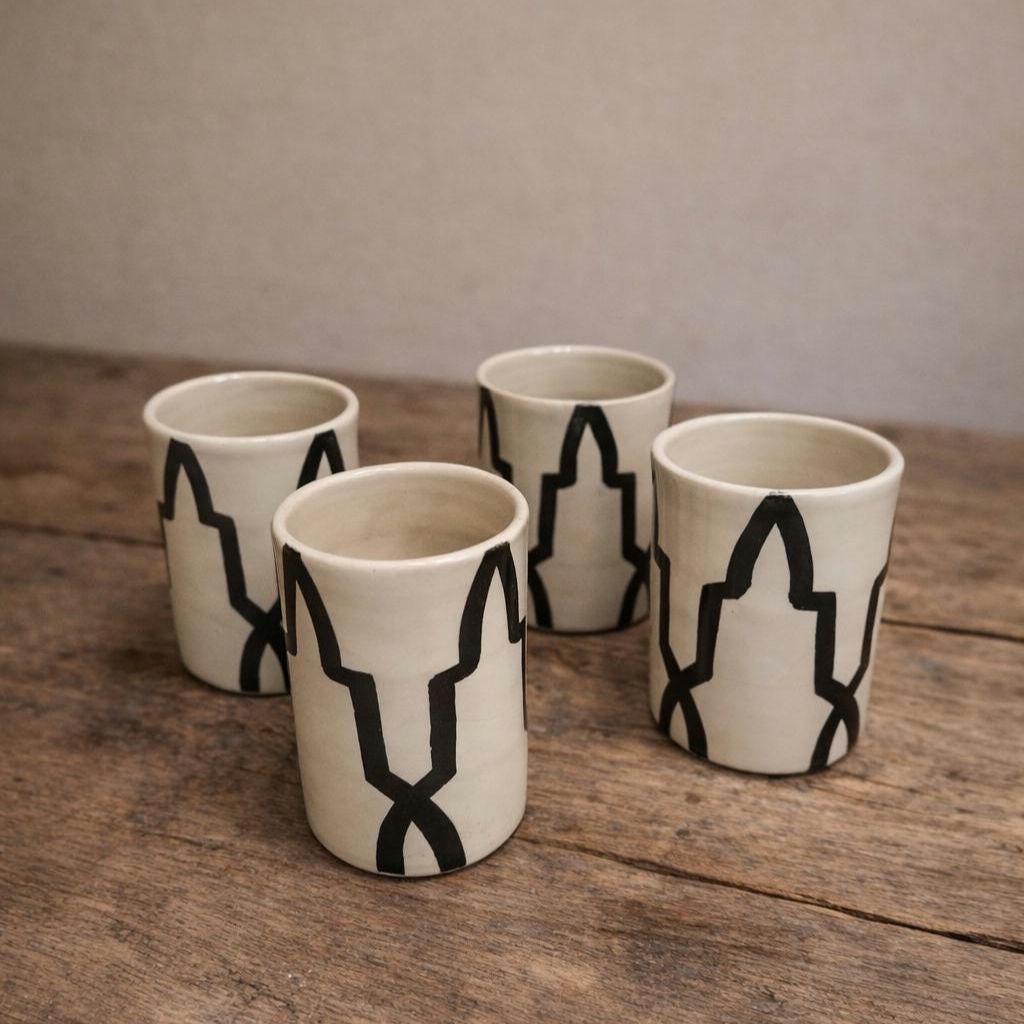 Handmade Moroccan Ceramic Cups Set of 4 – Black & White Pottery Tumblers from Fez