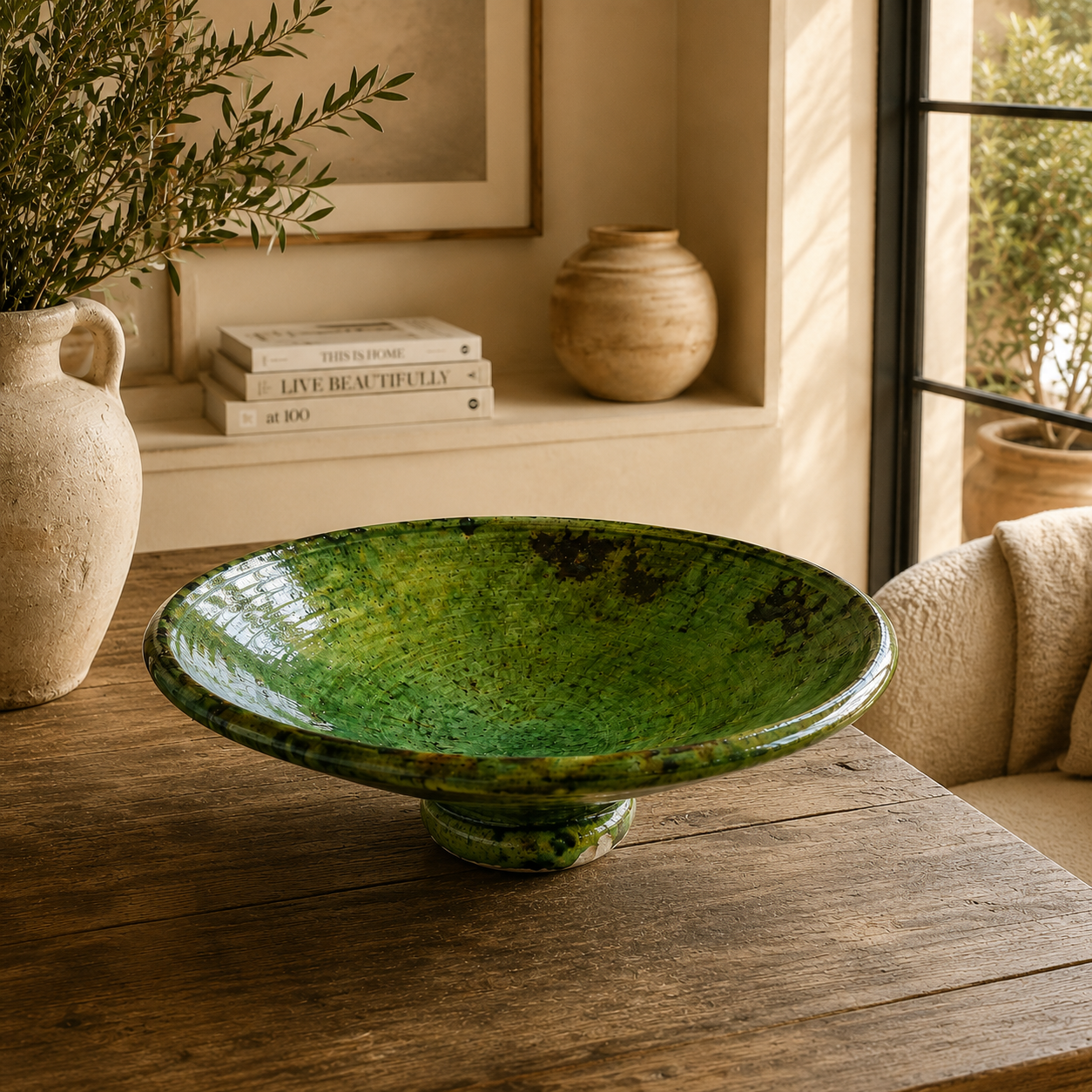 Authentic Tamegroute Footed Plate – 50 cm Moroccan Pottery