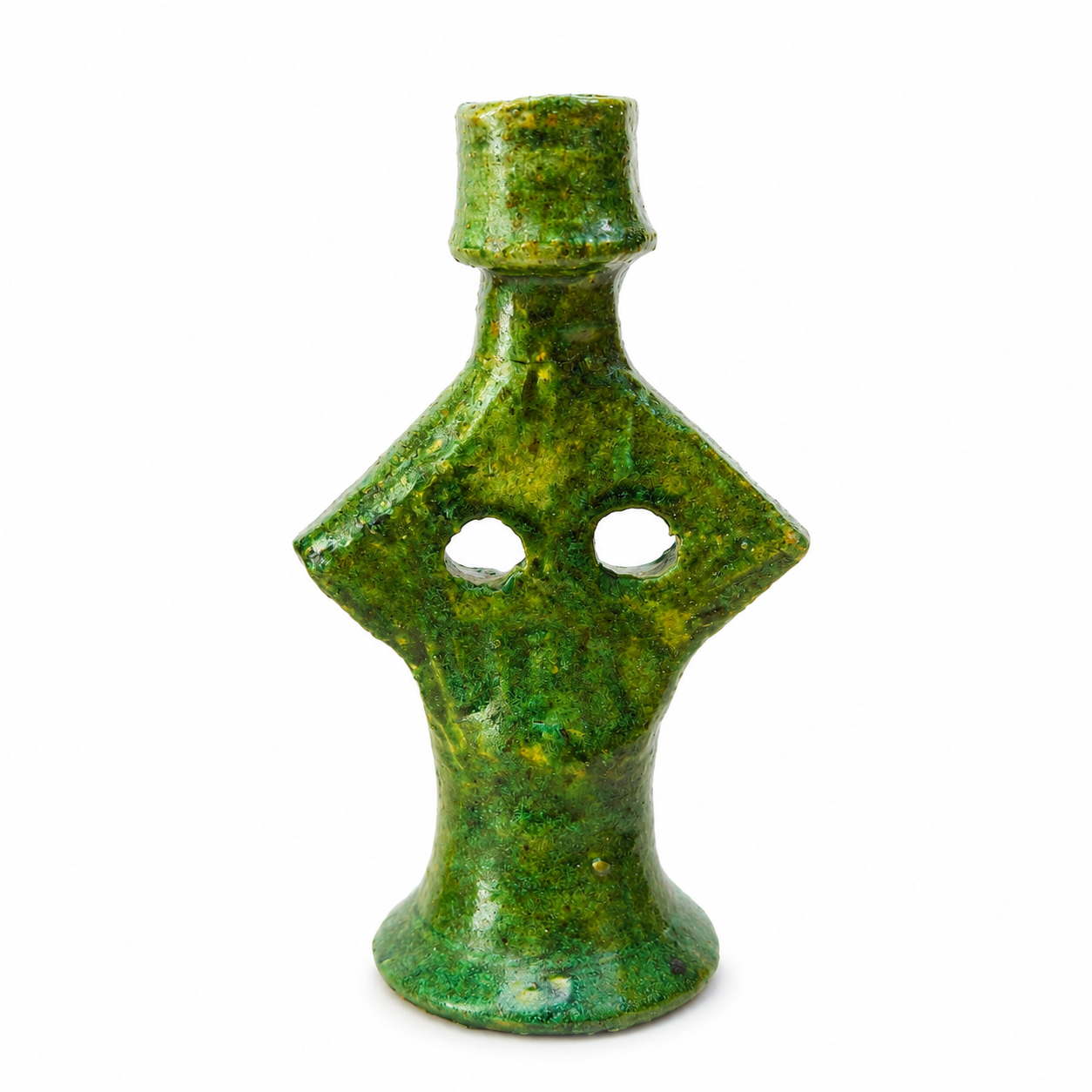 Handmade green Moroccan ceramic candle holder with traditional Amazigh-inspired design, front view on a neutral background.