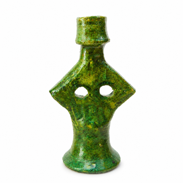 Handmade green Moroccan ceramic candle holder with traditional Amazigh-inspired design, front view on a neutral background.