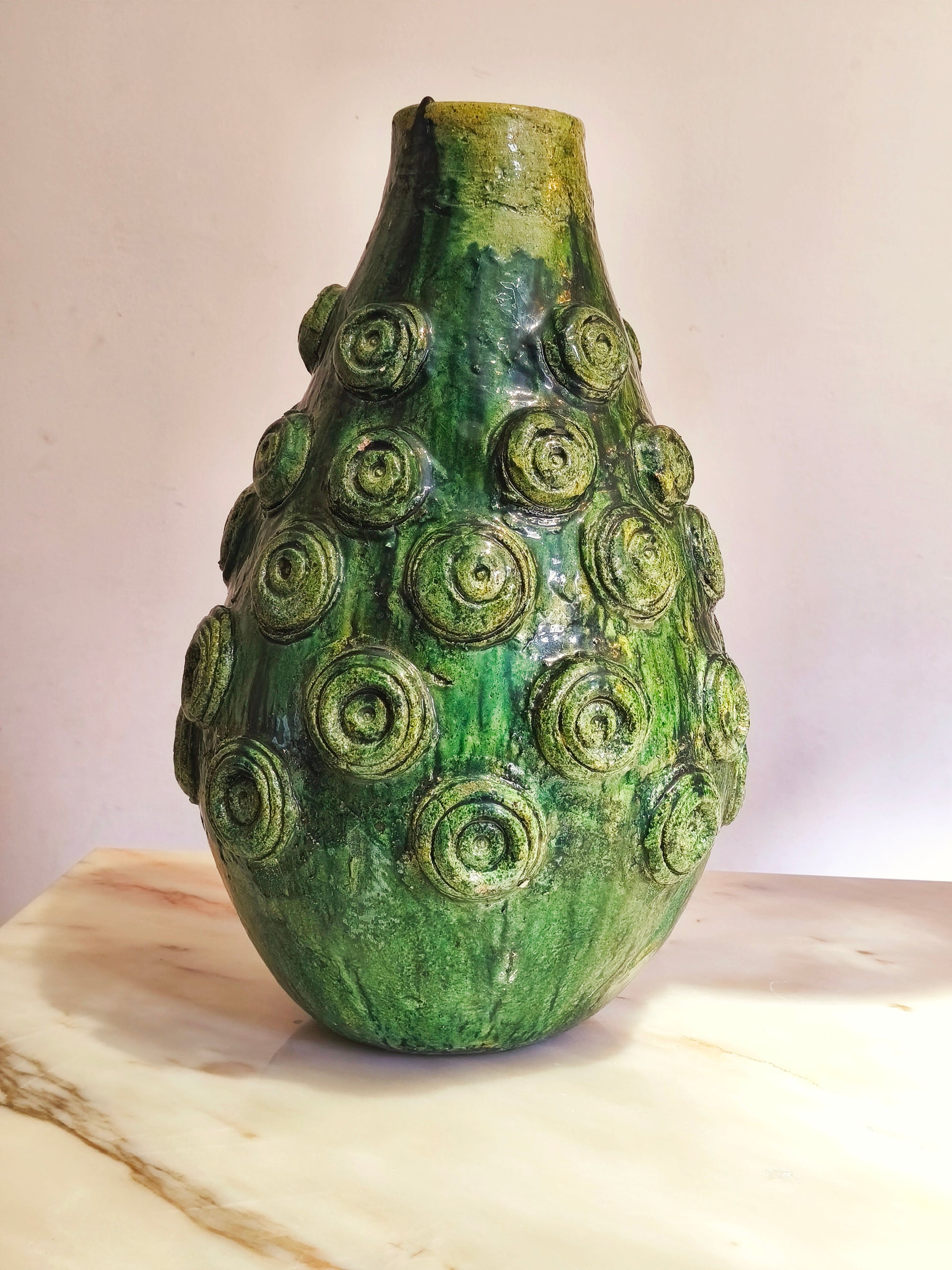 Authentic handmade Tamegroute pottery vase with green glaze
