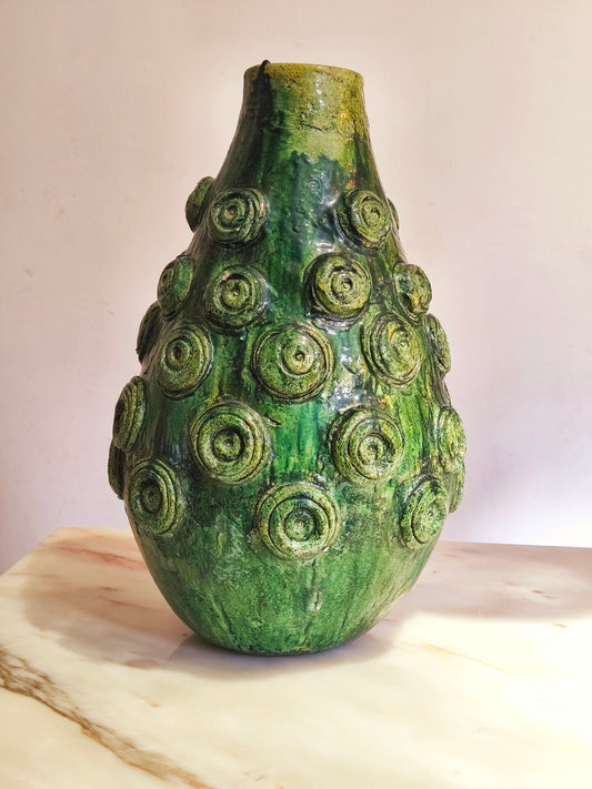 Authentic handmade Tamegroute pottery vase with green glaze