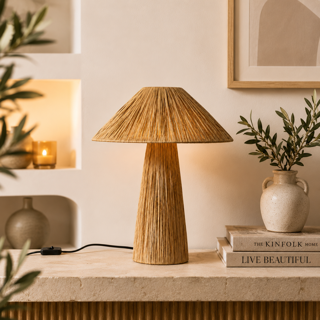 Handwoven Raffia Table Lamp – Moroccan Natural Fiber Boho Bedside Lamp