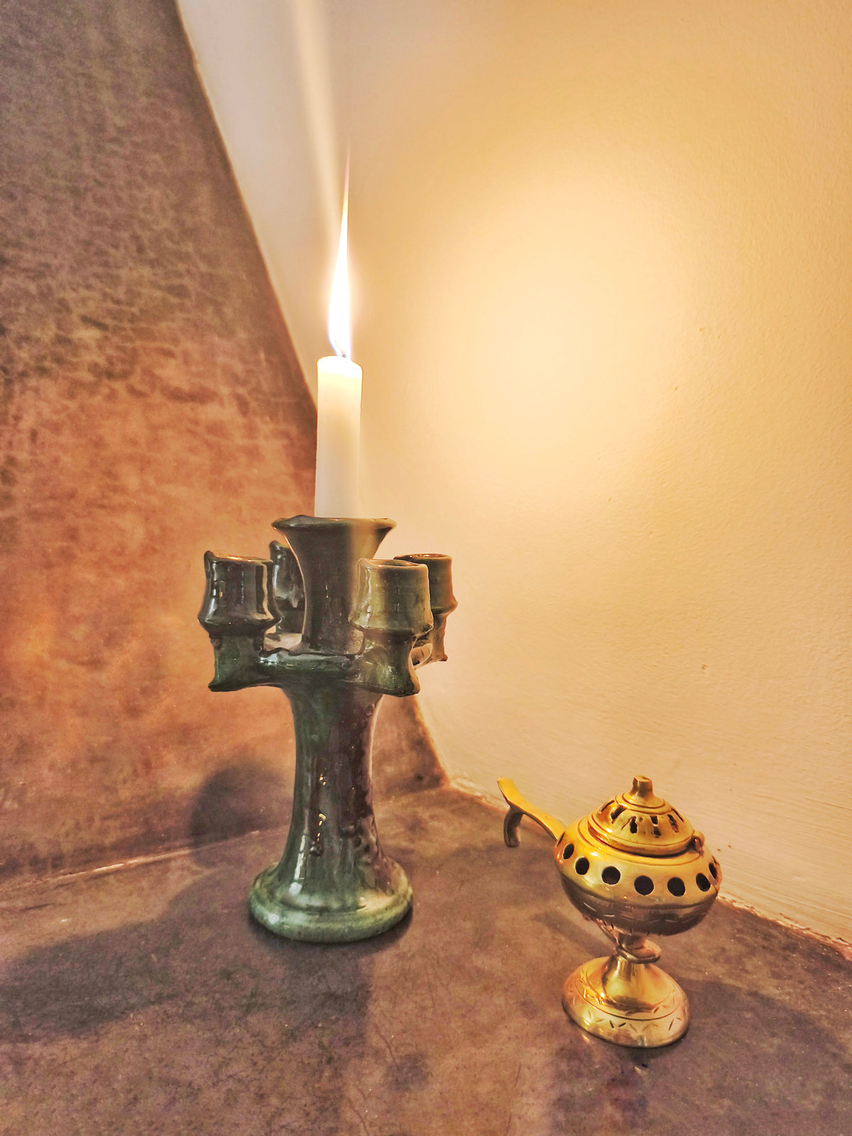 Handmade Tamegroute Green Ceramic Candlestick Holder – Authentic Moroccan Boho Decor