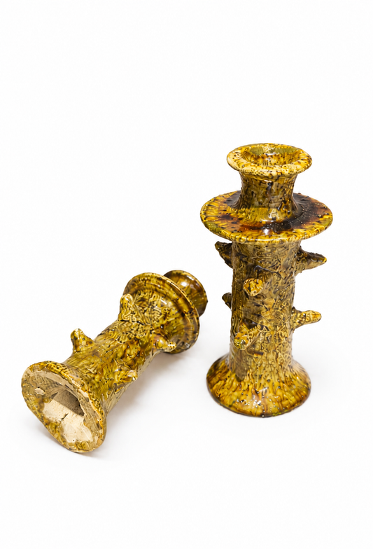 Dragon Tamegroute Candle Holders Set of 2 – Handmade Moroccan Pottery Candlesticks – Orche Ceramic Boho Decor – Rustic Moroccan Home Decor