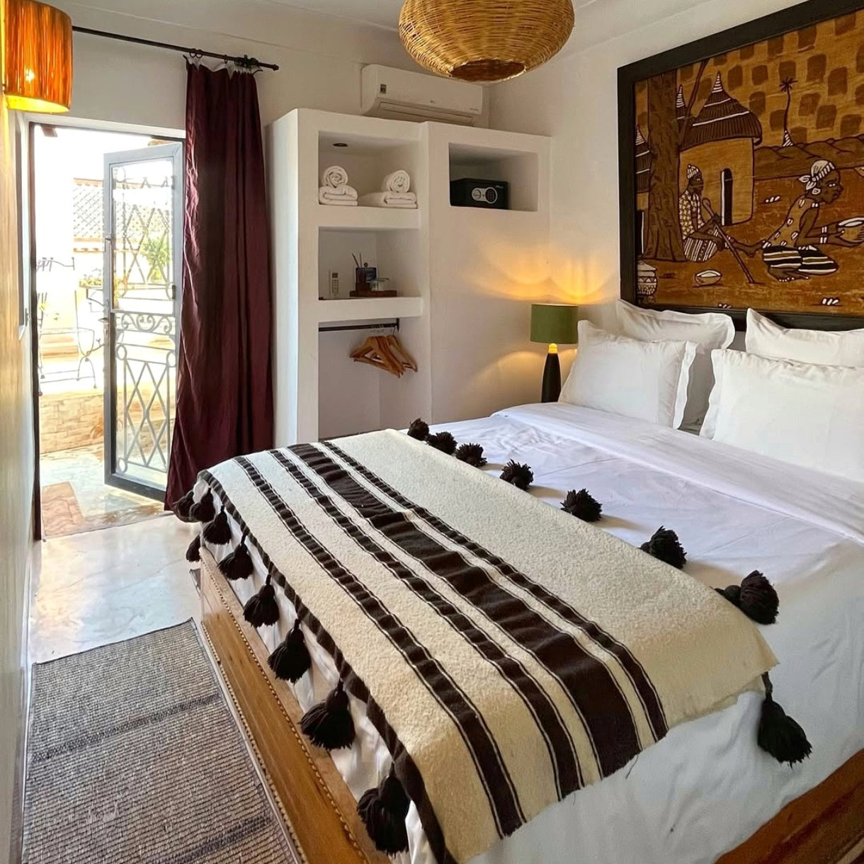 Handmade Moroccan Wool Blanket with Brown Pom Poms – Brown & White Striped Throw from Marrakech