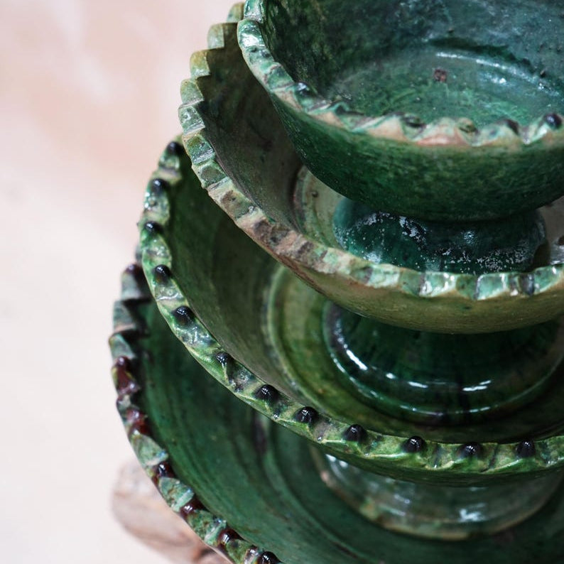 Set of 4 Moroccan Green Tamegroute Pedestal Bowls – Handmade Green Glazed Ceramic Nesting Bowls