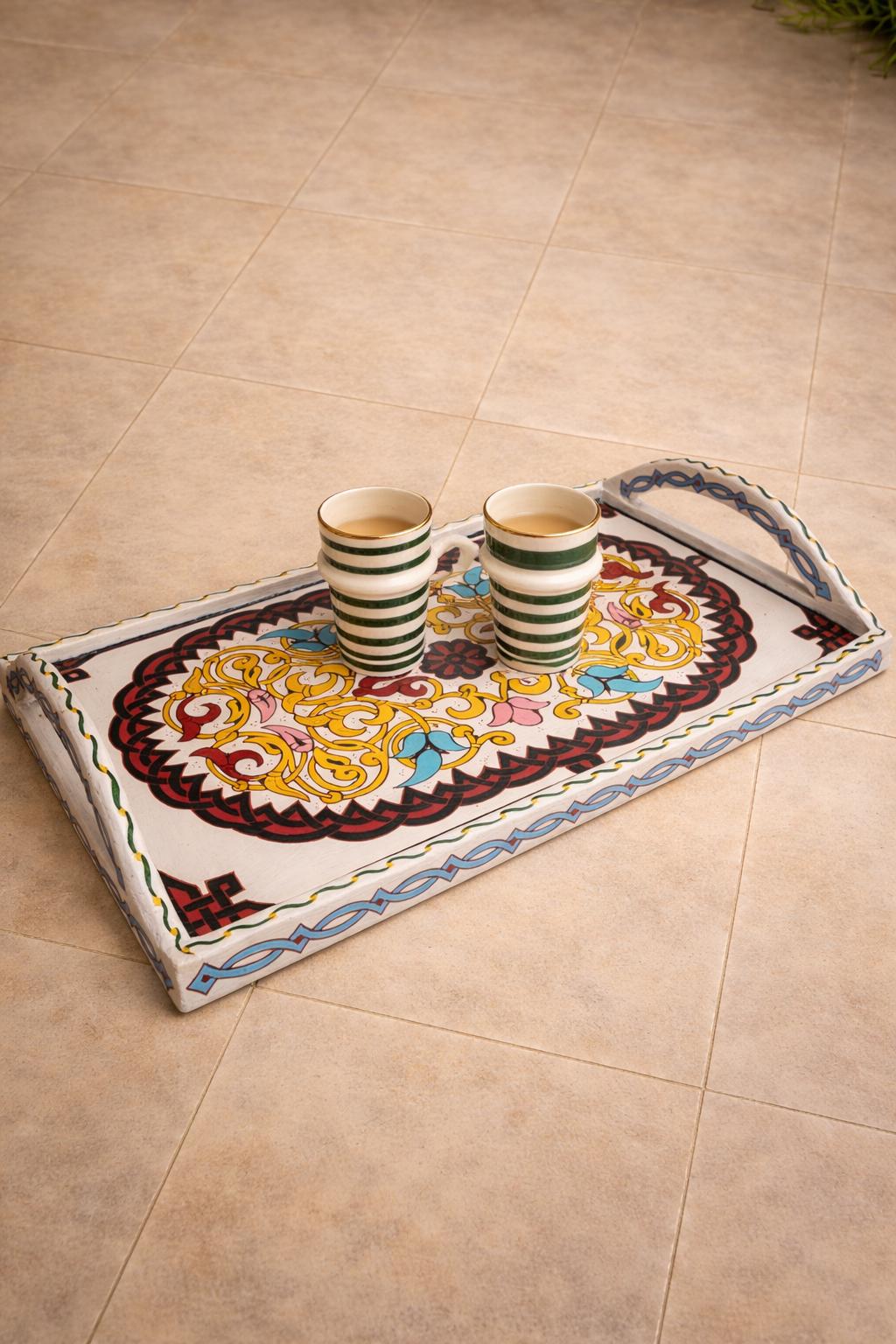Hand-Painted Moroccan Wooden Serving Tray – Artisan Decorative Tea & Coffee Tray