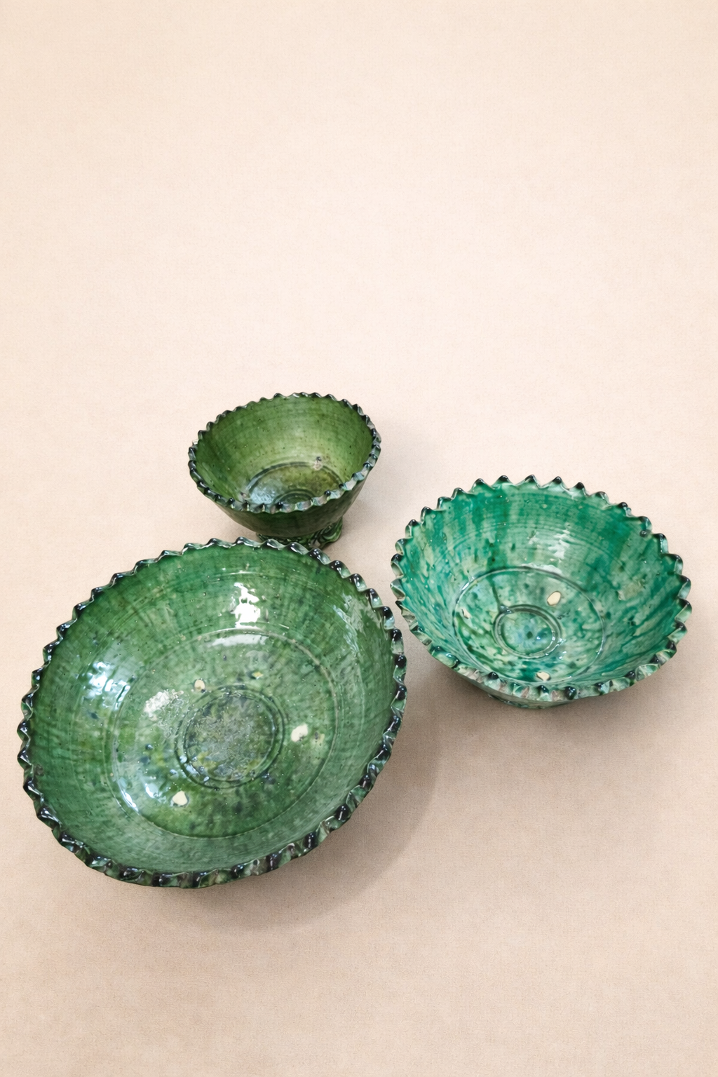 Set of 4 size Tamegroute Footed Bowls | s, m, l,xl | Green and Orche color Glazed ceramic Bowls| Moroccan Ceramic