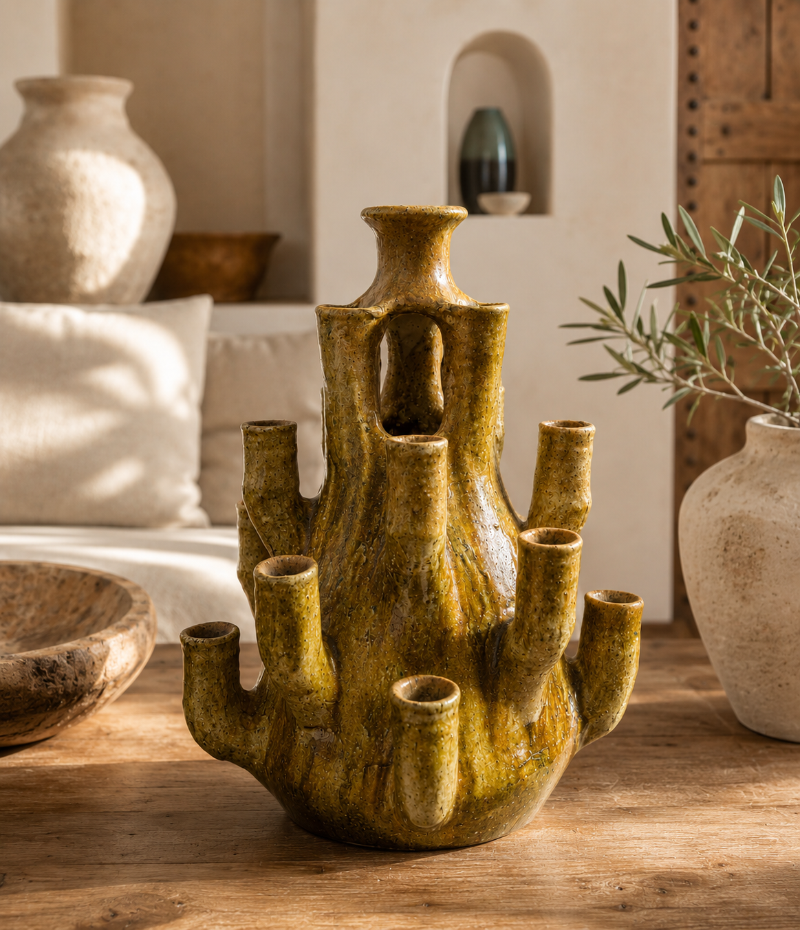Handcrafted Tamegroute Ceramic Sculptural Candle holder– Moroccan Statement Decor for interior decor