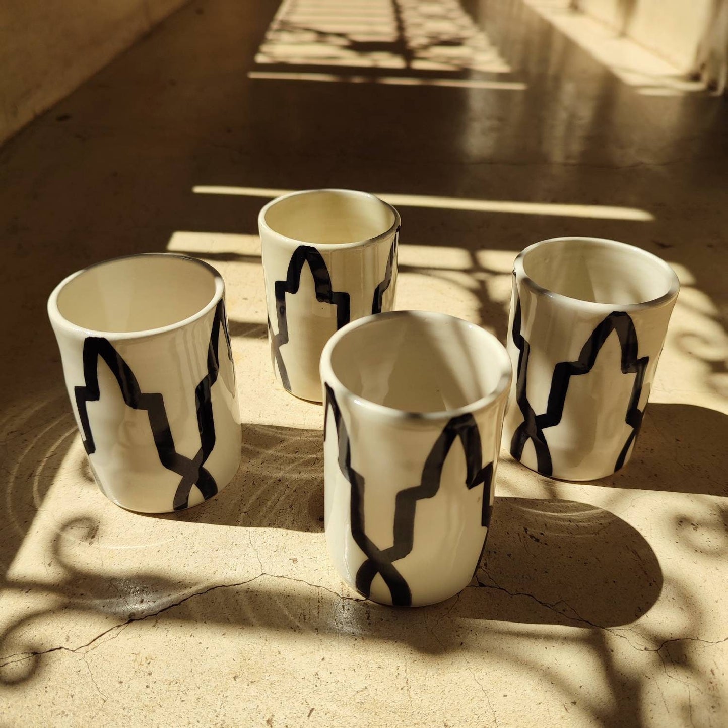 Handmade Moroccan Ceramic Cups Set of 4 – Black & White Pottery Tumblers | Artisan Coffee & Tea Cups from Fez