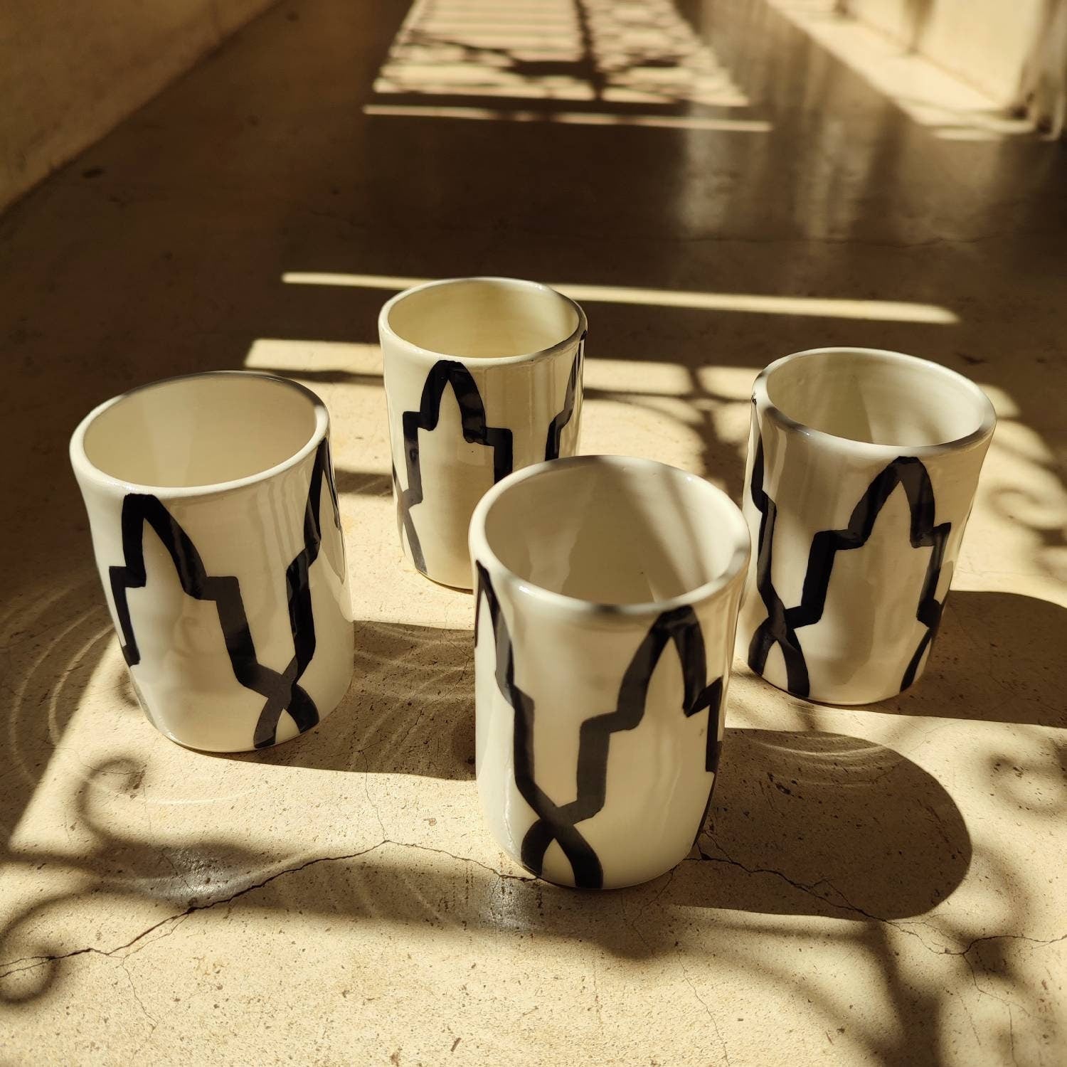Handmade Moroccan Ceramic Cups Set of 4 – Black & White Pottery Tumblers from Fez