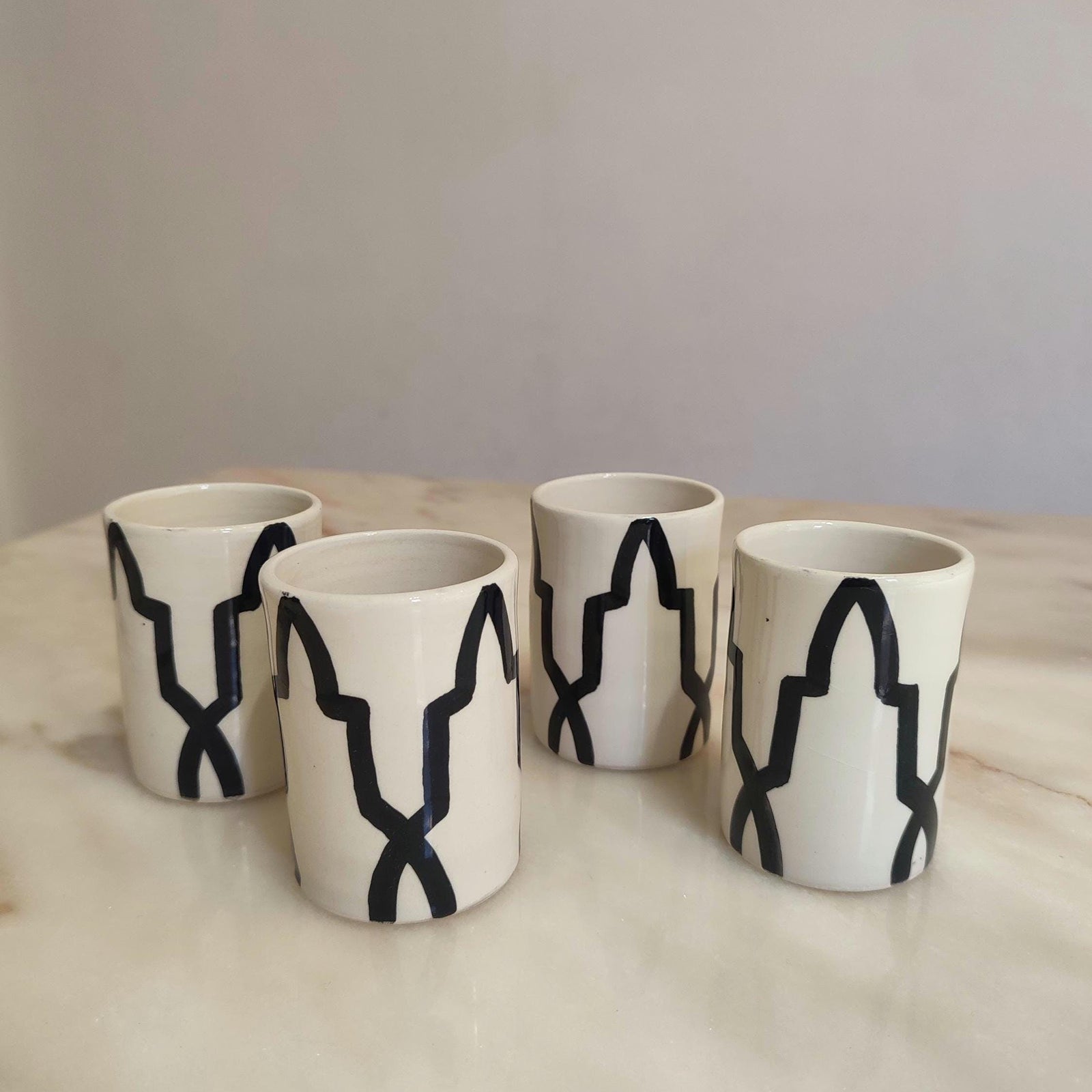 Handmade Moroccan Ceramic Cups Set of 4 – Black & White Pottery Tumblers from Fez