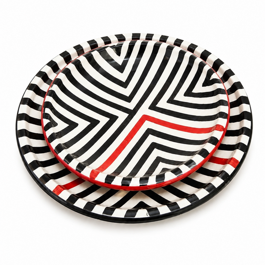 Set of 2 x Modern Moroccan Ceramic Plate, Hand-Painted Black & White with Red Lines [20cm & 25 cm] -Tamegroute Pottery