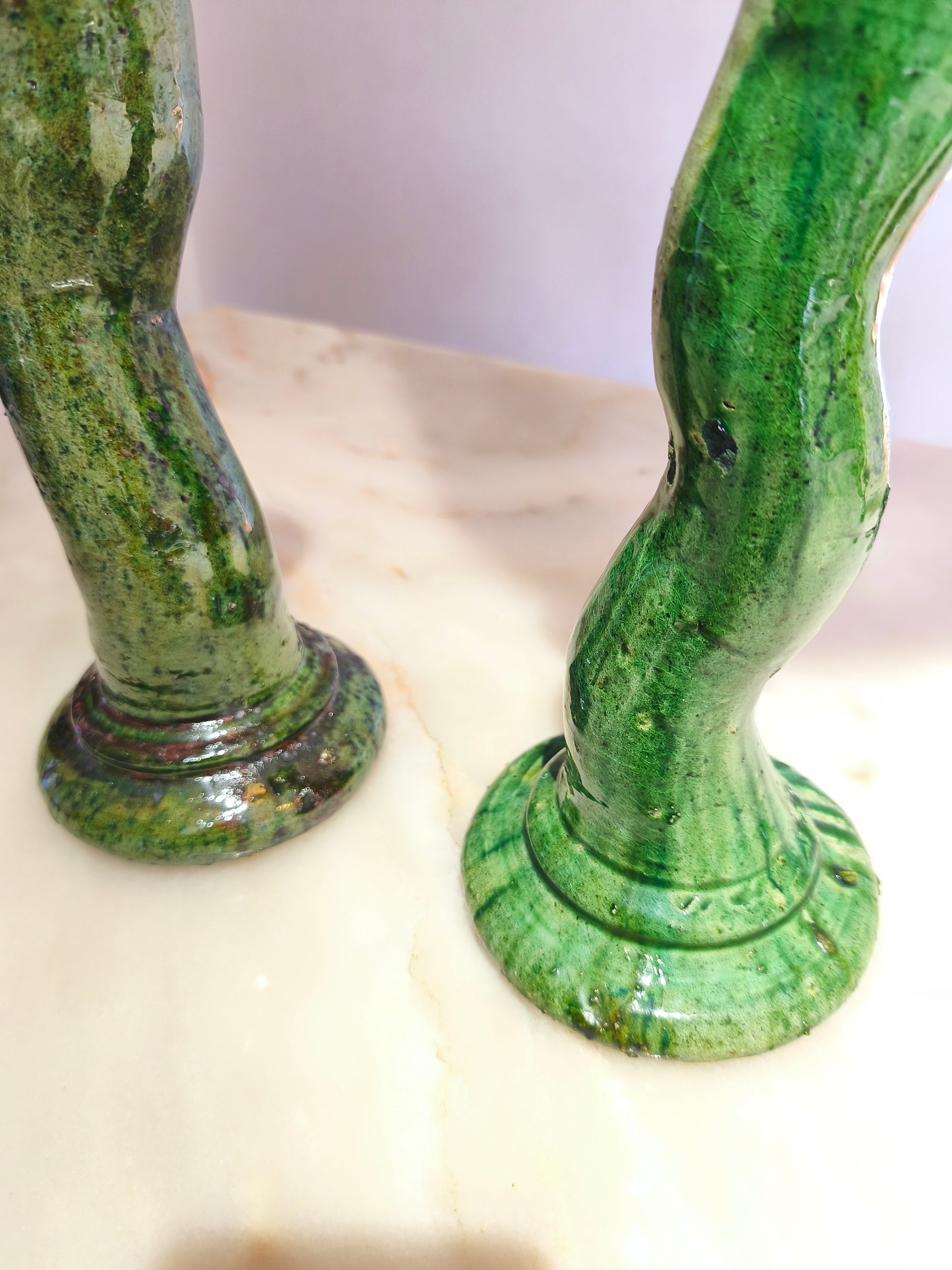 Rustic Moroccan ceramic candle holder in emerald green, hand-thrown pottery”