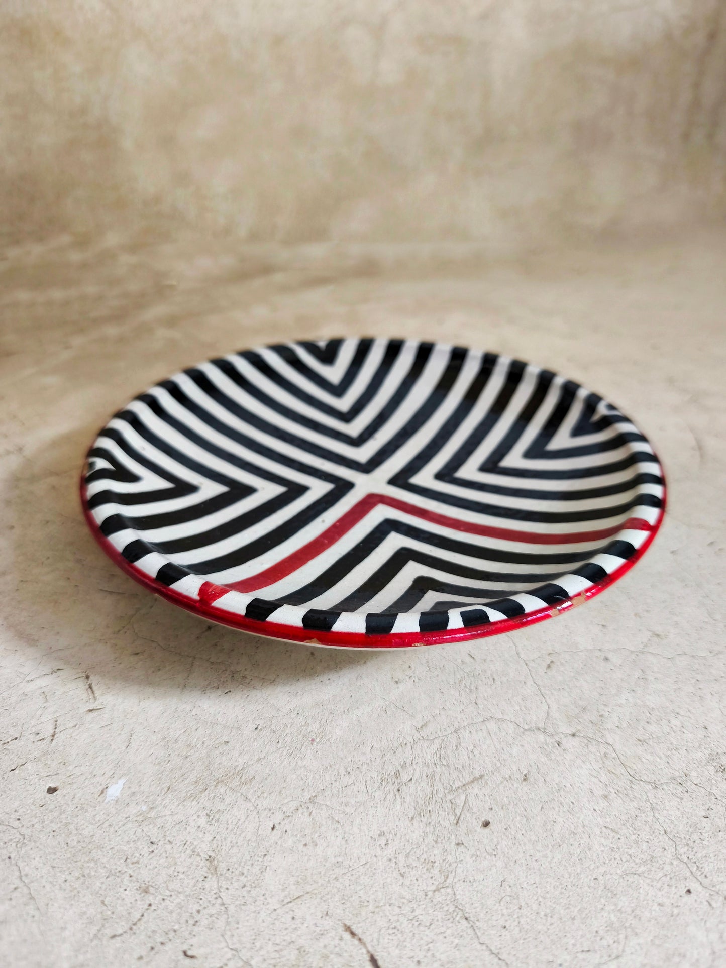 Set of 2 x Modern Moroccan Ceramic Plate, Hand-Painted Black & White with Red Lines [20cm & 25 cm] -Tamegroute Pottery