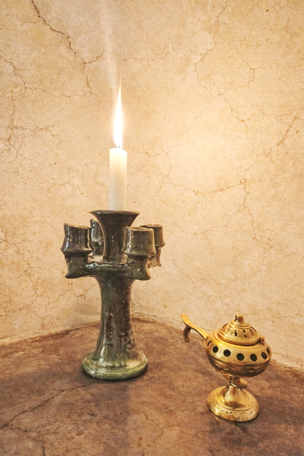 Handmade Tamegroute Green Ceramic Candlestick Holder – Authentic Moroccan Boho Decor