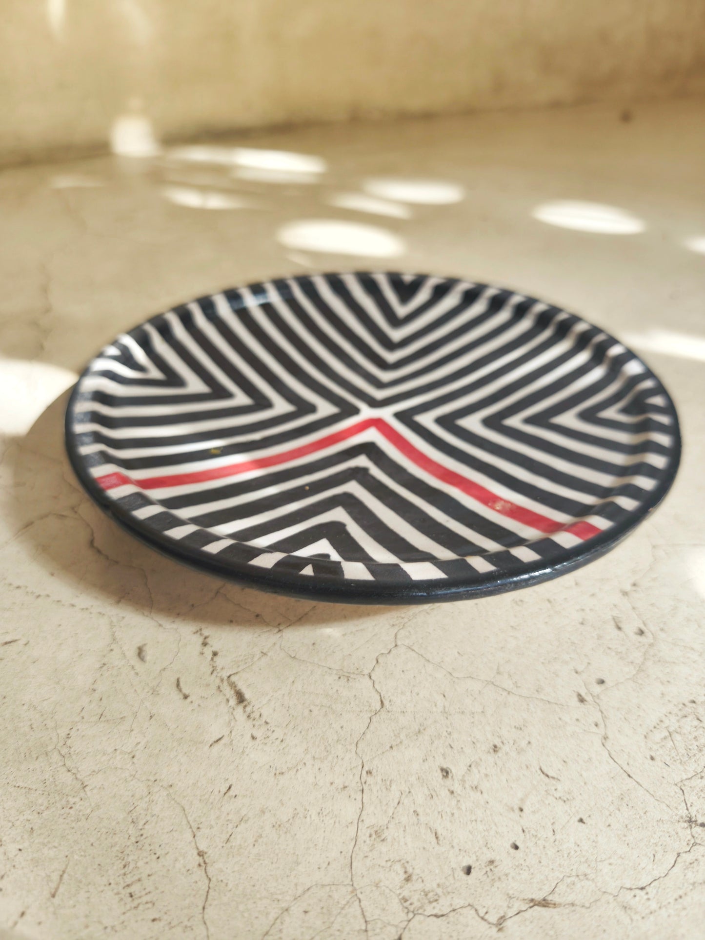 Set of 2 x Modern Moroccan Ceramic Plate, Hand-Painted Black & White with Red Lines [20cm & 25 cm] -Tamegroute Pottery