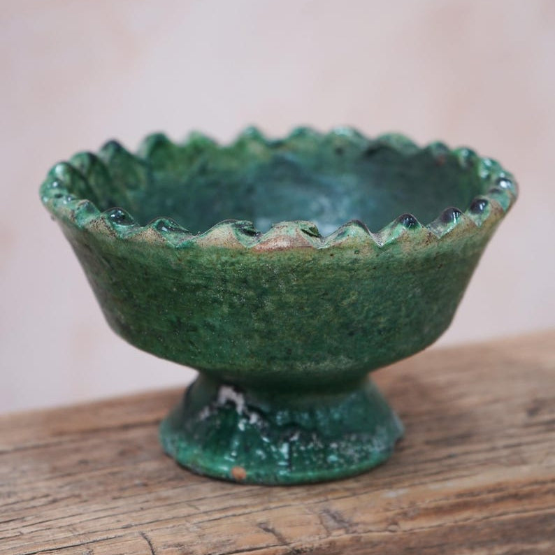 Set of 4 Moroccan Green Tamegroute Pedestal Bowls – Handmade Green Glazed Ceramic Nesting Bowls