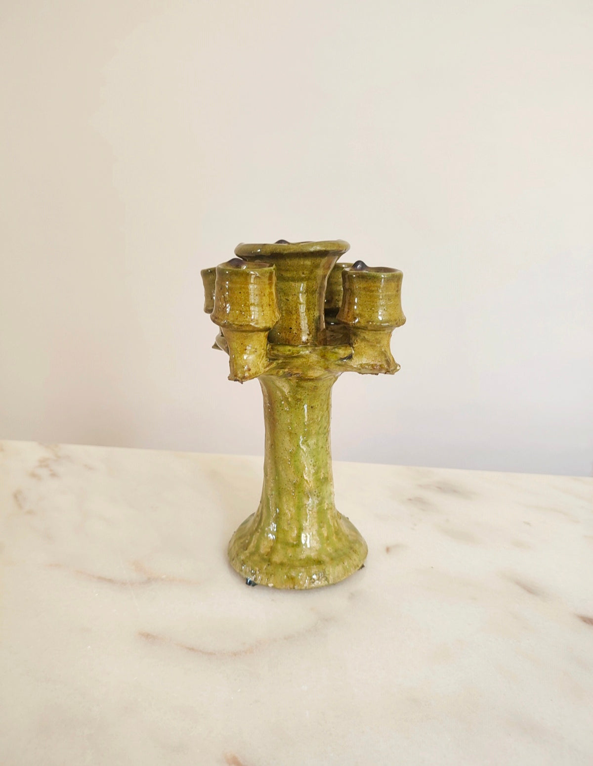 Handmade Tamegroute Ceramic Candelabra – Green & Gold Moroccan Boho Decor