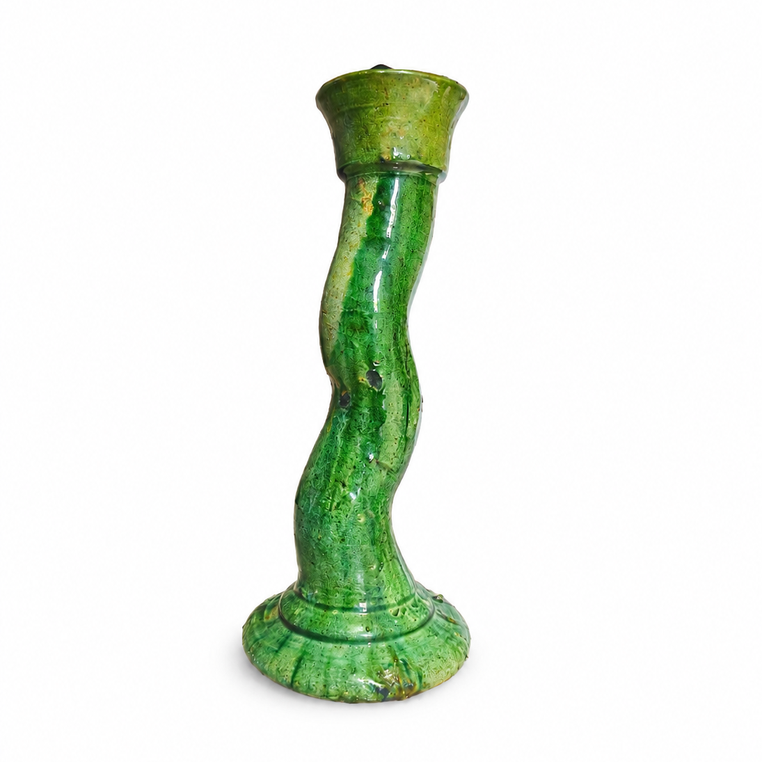 Handmade green Moroccan ceramic candlestick with curved sculptural shape, artisan pottery