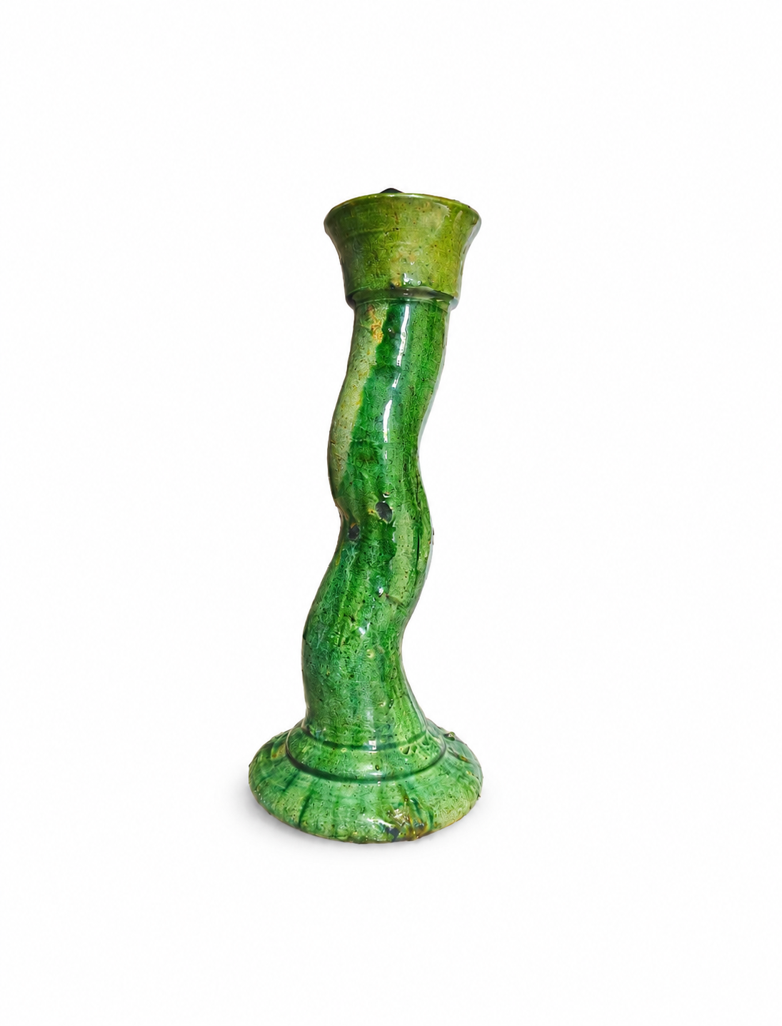 Handmade green Moroccan ceramic candlestick with curved sculptural shape, artisan pottery