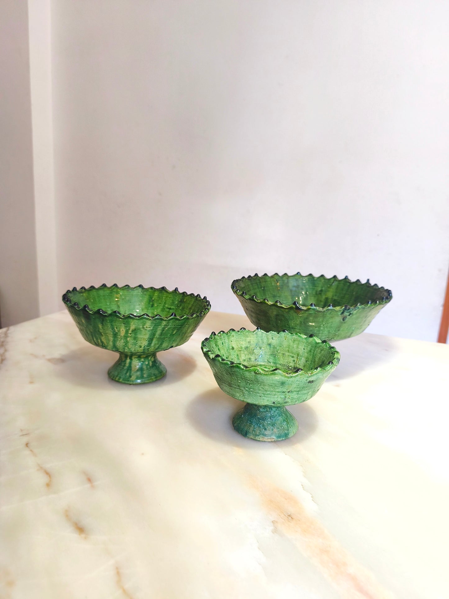 A set of 3 size Handmade Moroccan Ceramics Footed Bowls, Green Tamegroute bowls.