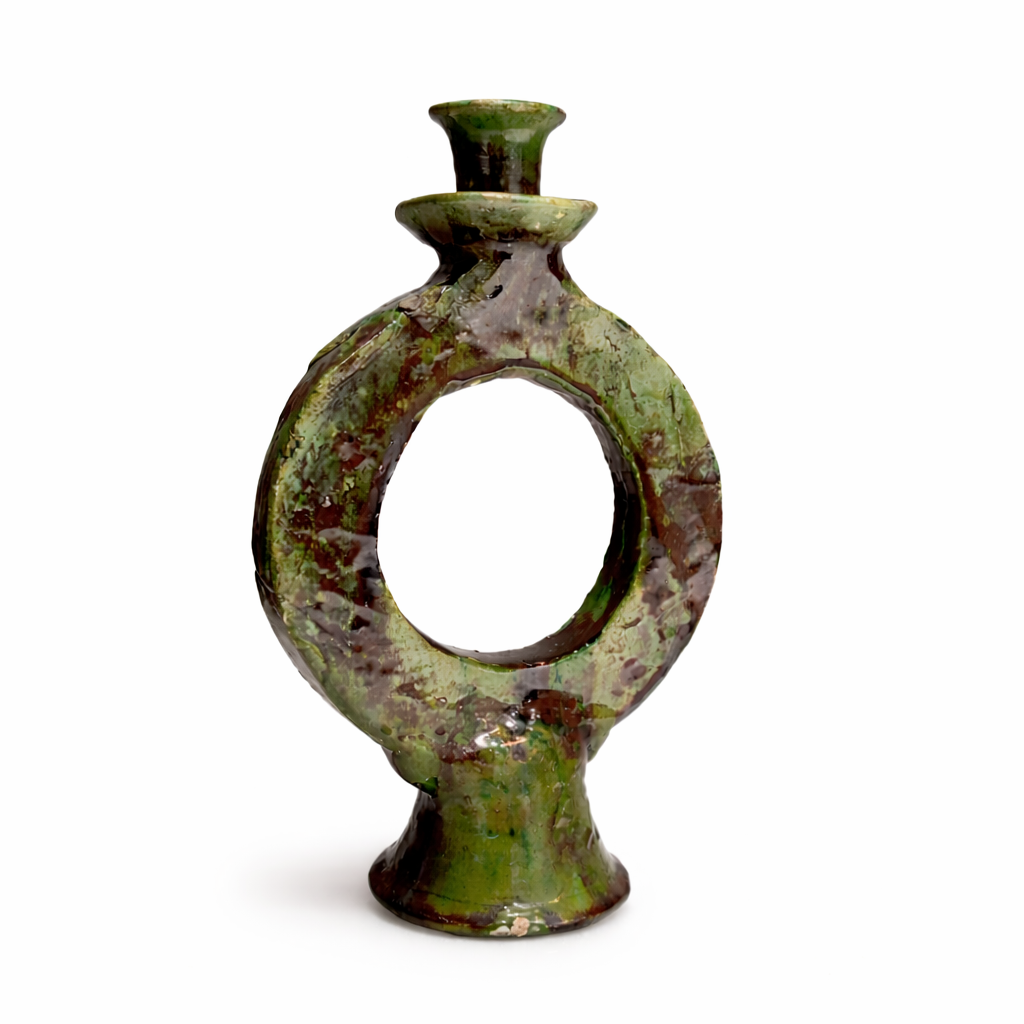Handmade Tamegroute Green Ceramic Candle Holder – Authentic Moroccan Boho Decor