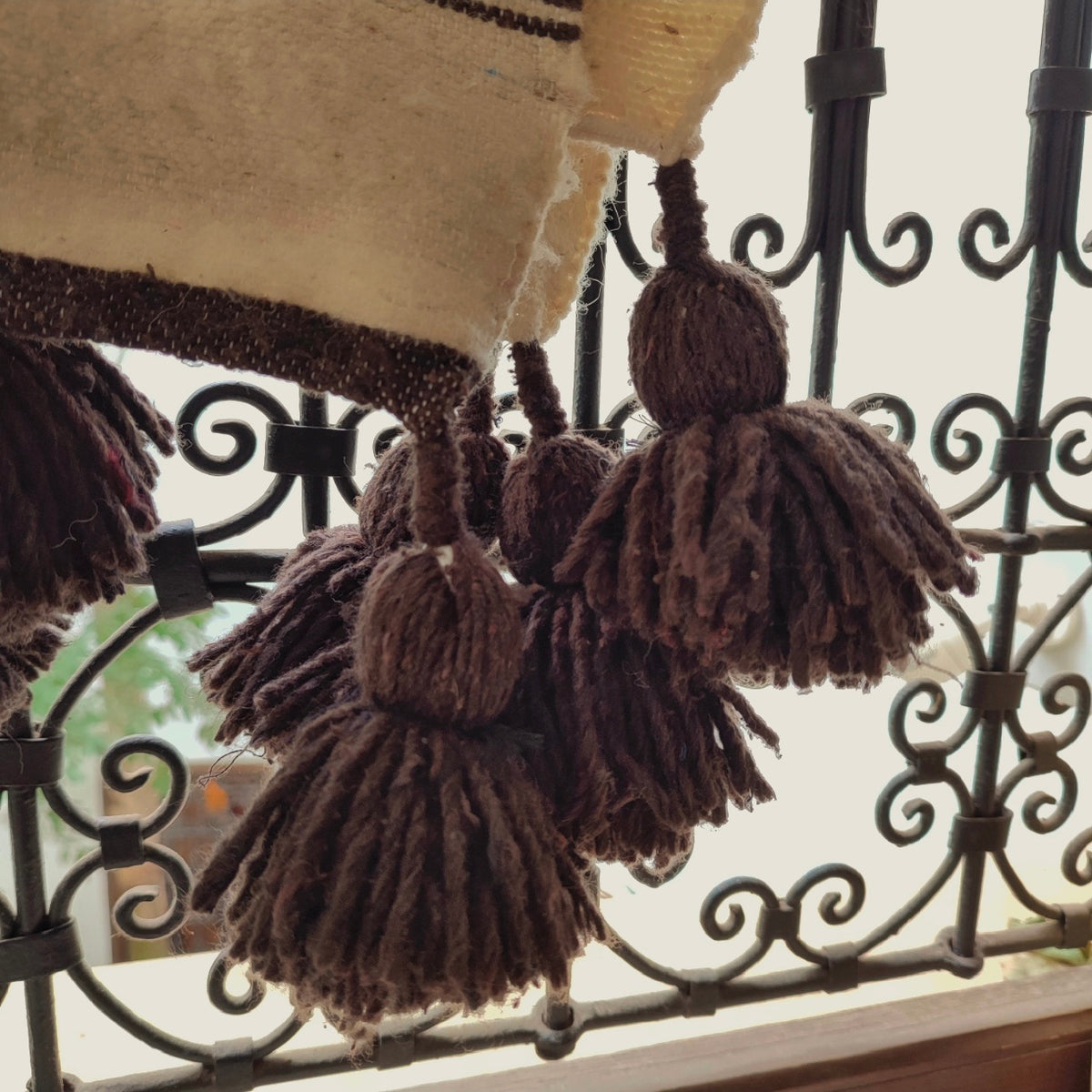 Handmade Moroccan Wool Blanket – Brown & White Striped Throw with Pom Poms