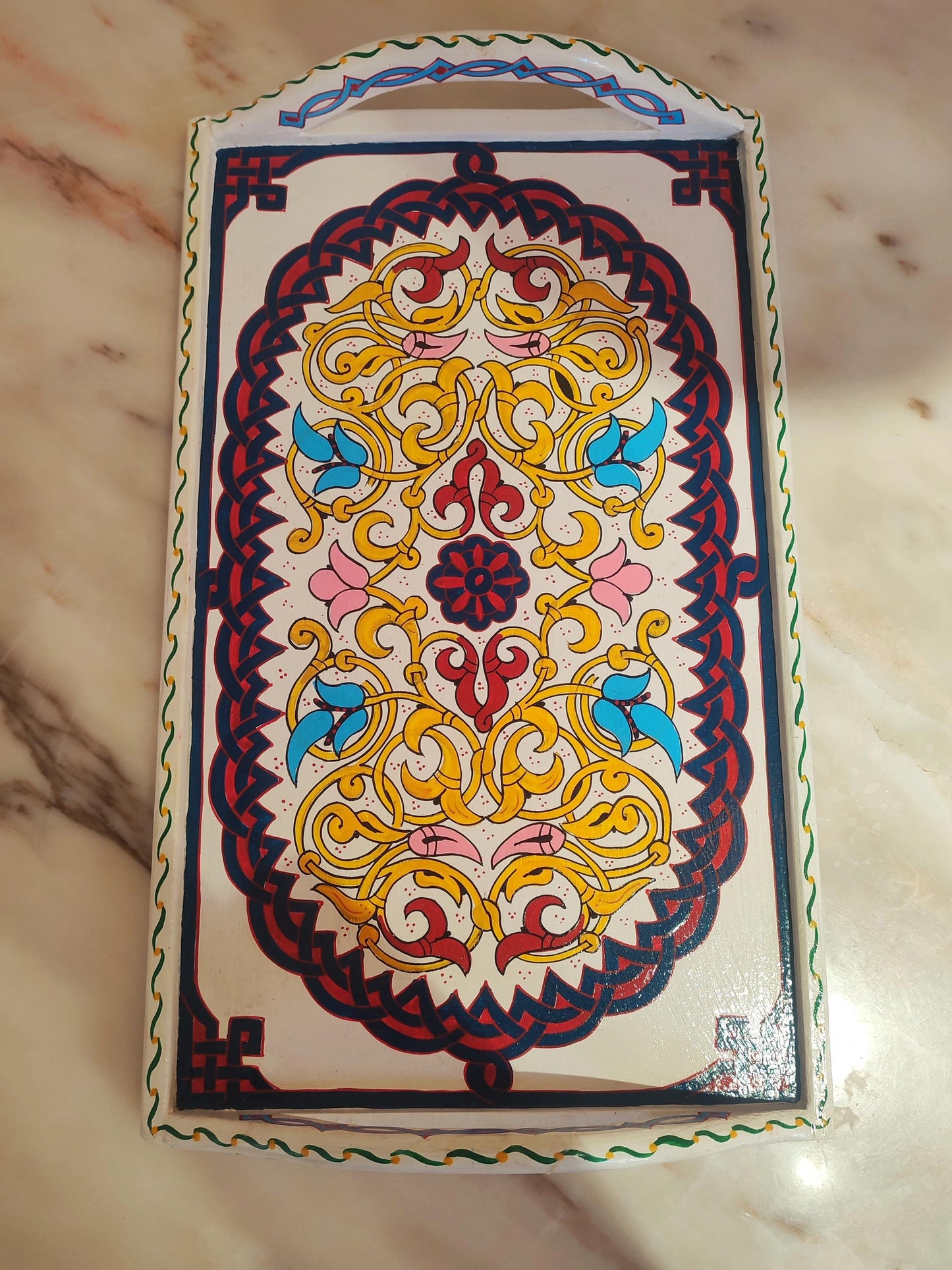 Hand-Painted Moroccan Wooden Serving Tray – Artisan Decorative Tea & Coffee Tray