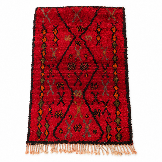 Red Moroccan Berber Wool Rug — Handwoven Diamond Pattern 185cm x 116cm (73" x 46")