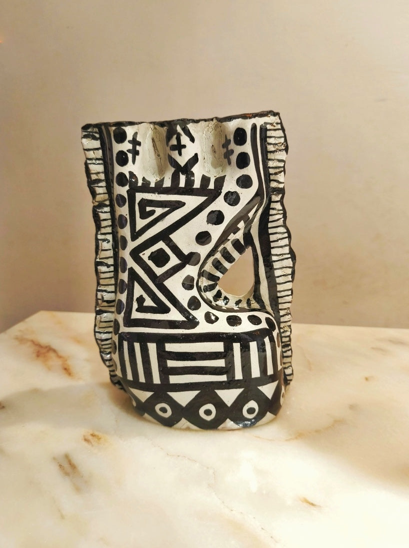 Handmade Moroccan Tribal Ceramic Candle Holder – Black & White Boho Pottery
