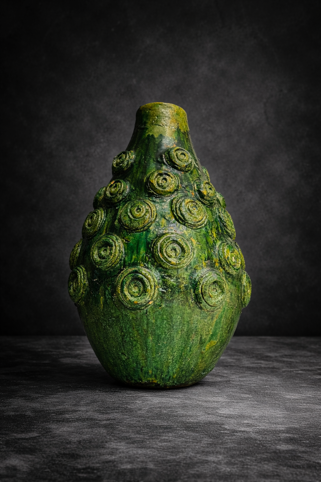 Authentic handmade Tamegroute pottery vase with green glaze