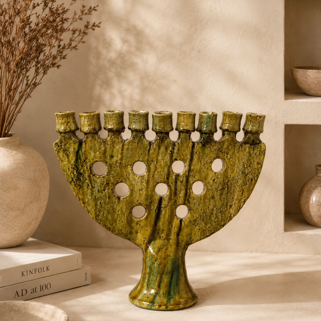 Boho chic handmade green ceramic candle holder made in Tamegroute Morocco