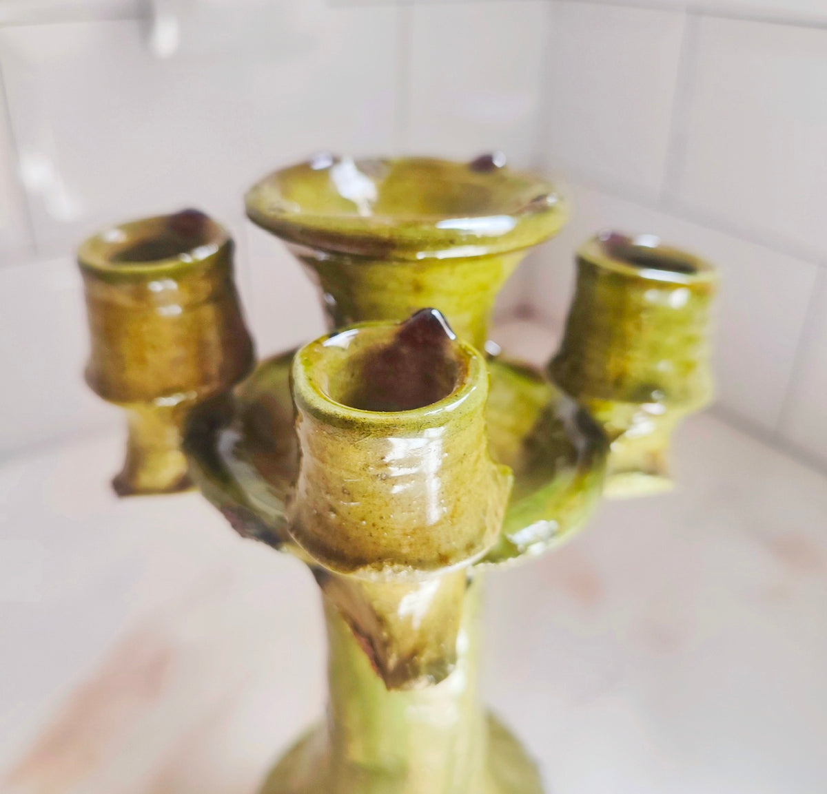Handmade Tamegroute Ceramic Candelabra – Green & Gold Moroccan Boho Decor