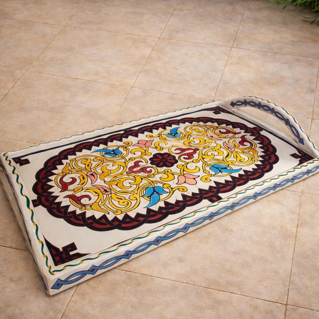 Hand-Painted Moroccan Wooden Serving Tray – Artisan Decorative Tea & Coffee Tray
