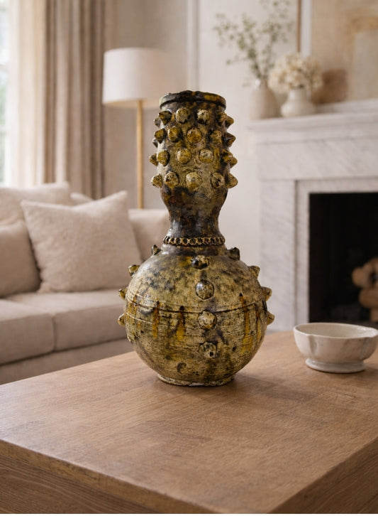 Handmade Textured Ceramic Vase with Raised Details – Earthy Green Glaze