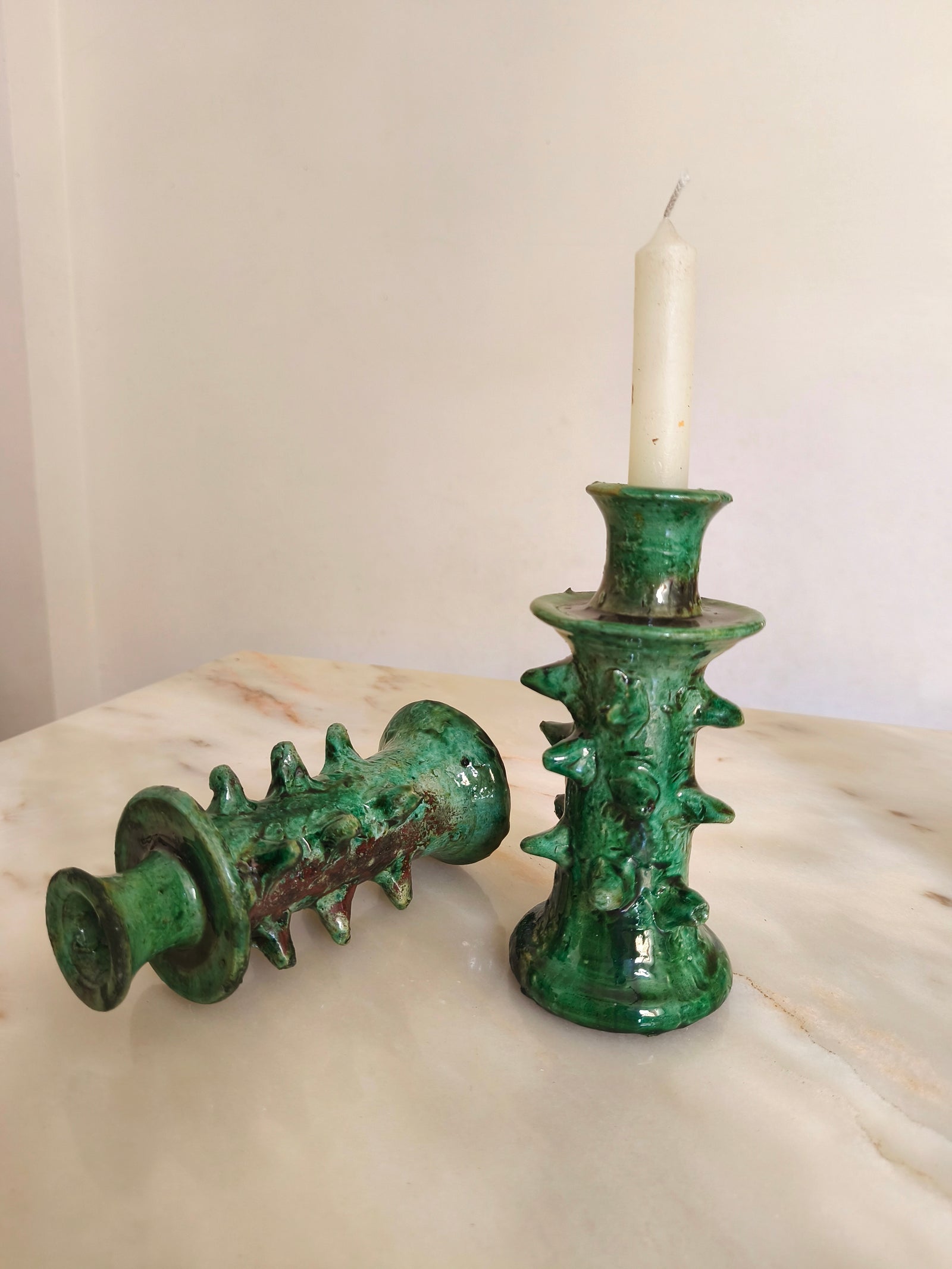 Handmade Dragon Tamegroute Ceramic Candle Holder – Green Moroccan Boho Decor