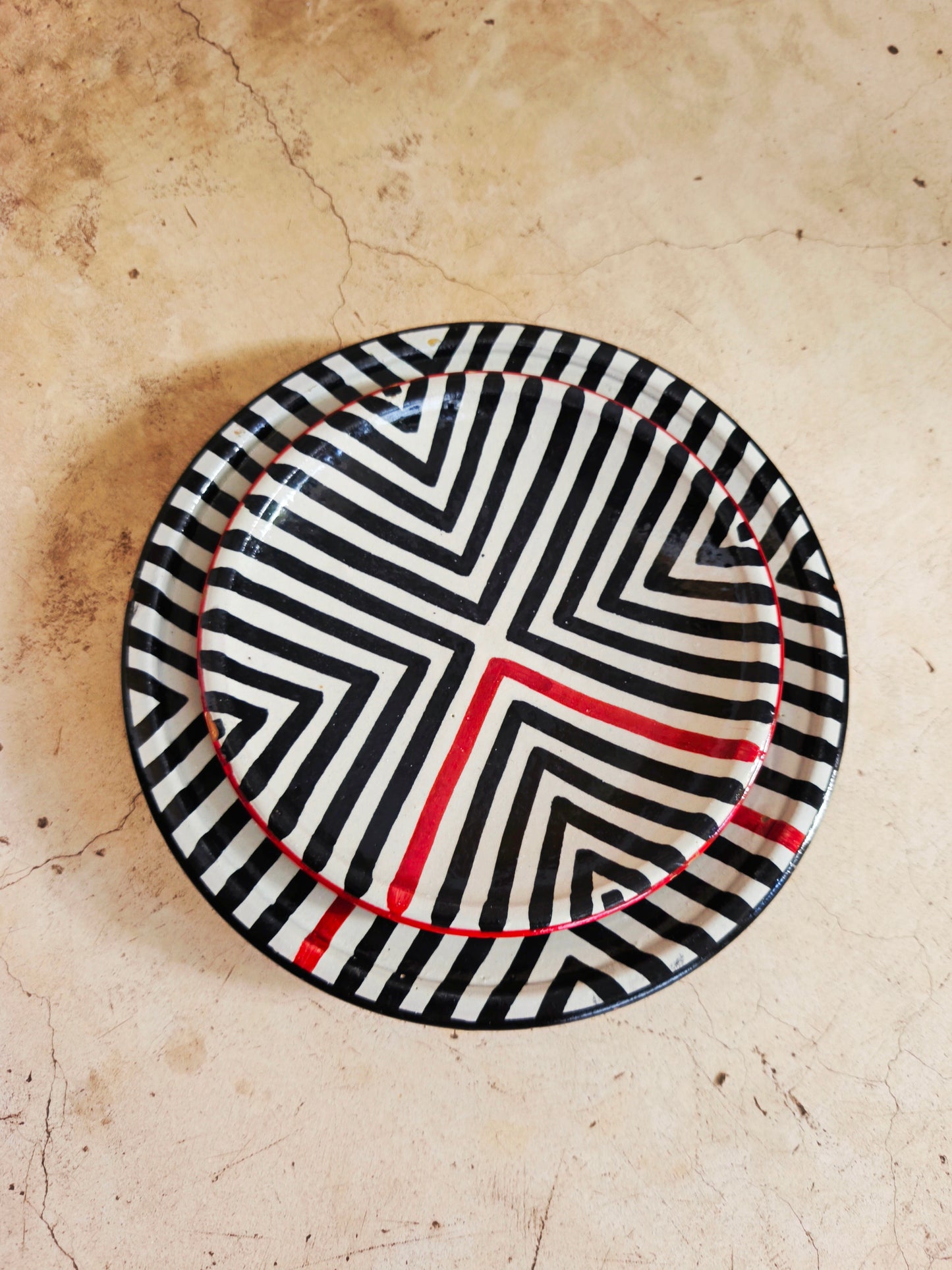 Set of 2 x Modern Moroccan Ceramic Plate, Hand-Painted Black & White with Red Lines [20cm & 25 cm] -Tamegroute Pottery