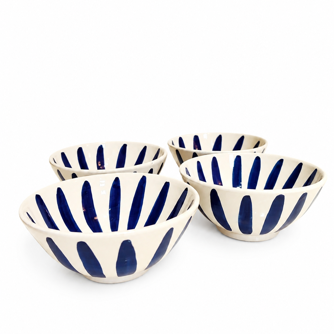 Set of 4 Tamegroute Pottery Bowls – White with Indigo Blue Stripes