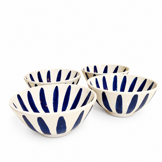 Set of 4 Handcrafted Tamegroute Pottery Bowls – White with Indigo Blue Stripes