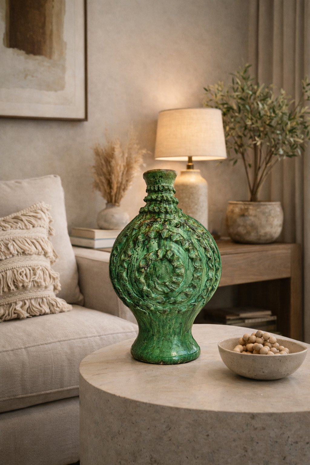 Antique Moroccan green ceramic candle holder, tall textured relief, 50 cm height, display on living room interior design 