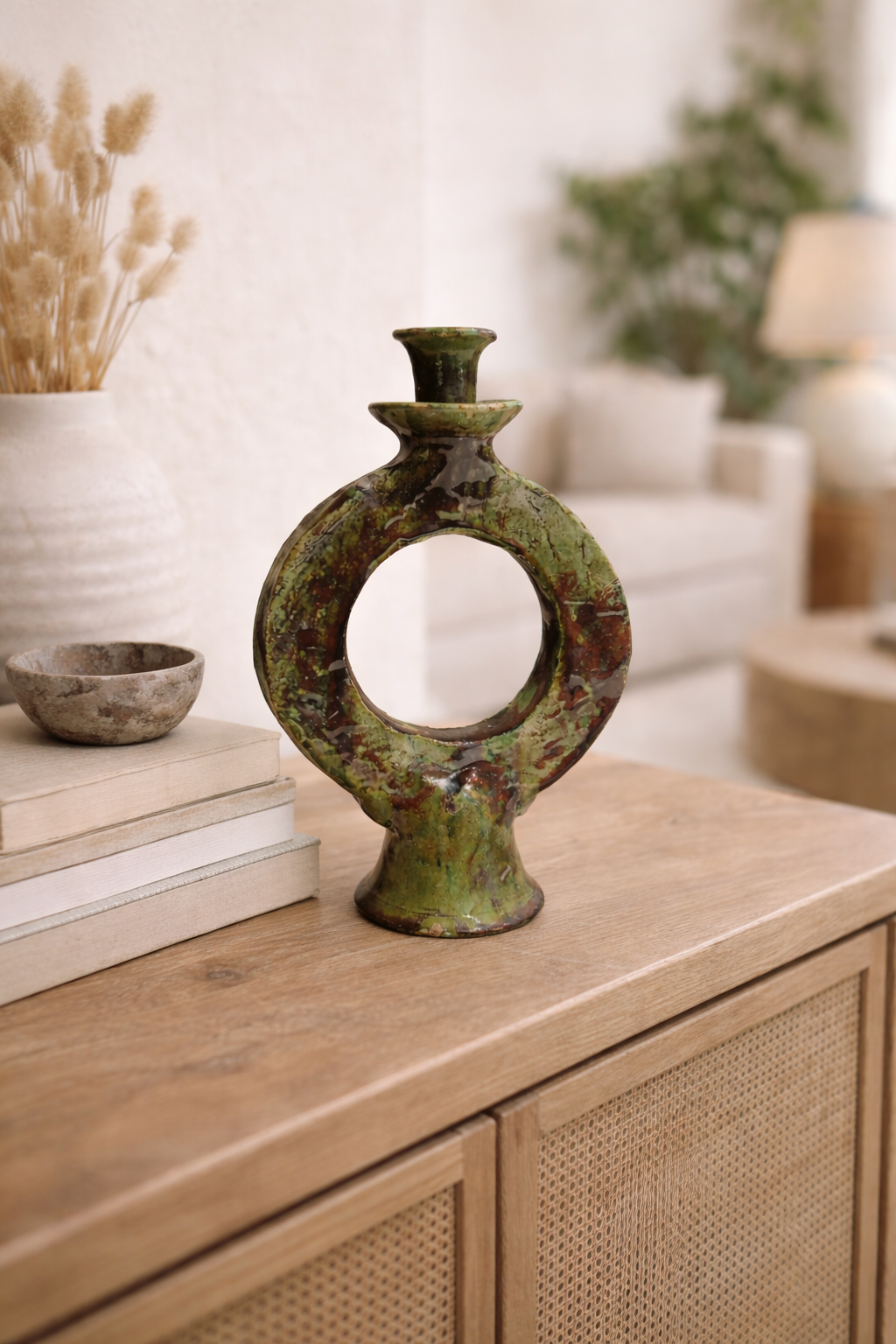 Handmade Tamegroute Green Ceramic Candle Holder – Authentic Moroccan Boho Decor