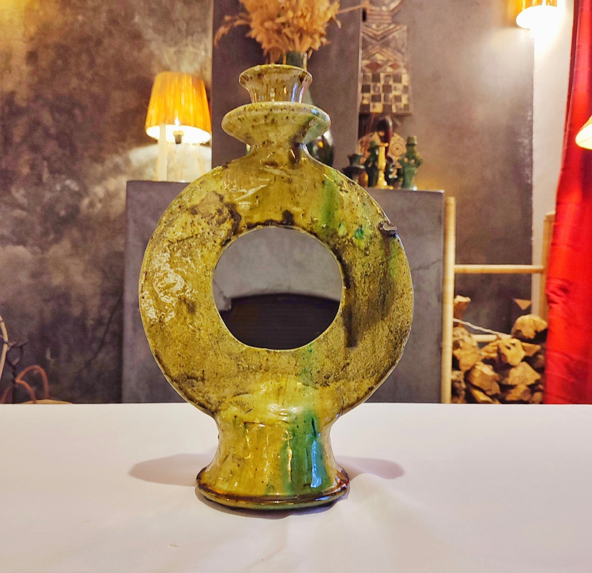 Handmade Tamegroute Yellow Ceramic Candle Holder – Rustic Moroccan Boho Decor