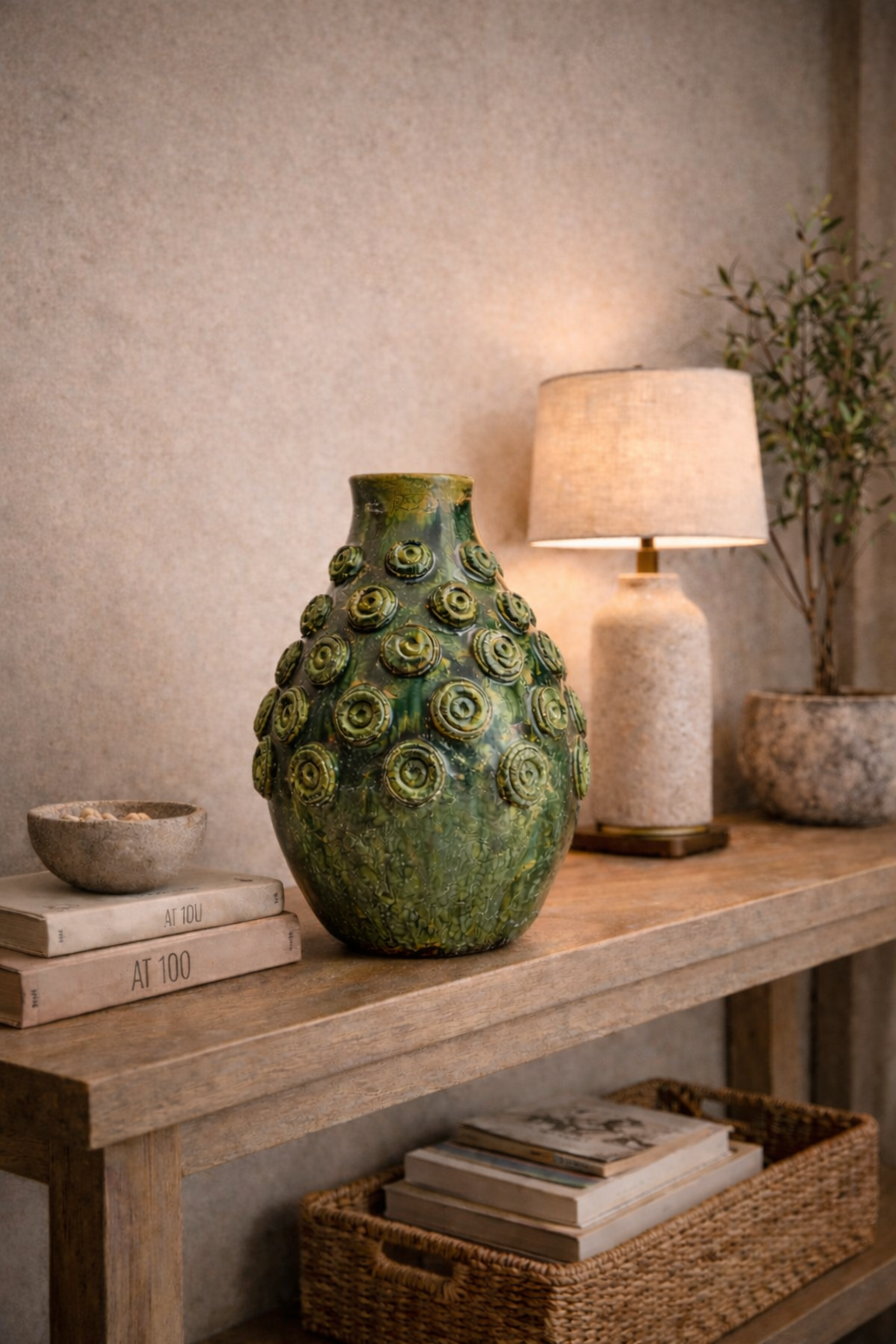 Authentic handmade Tamegroute pottery vase with green glaze